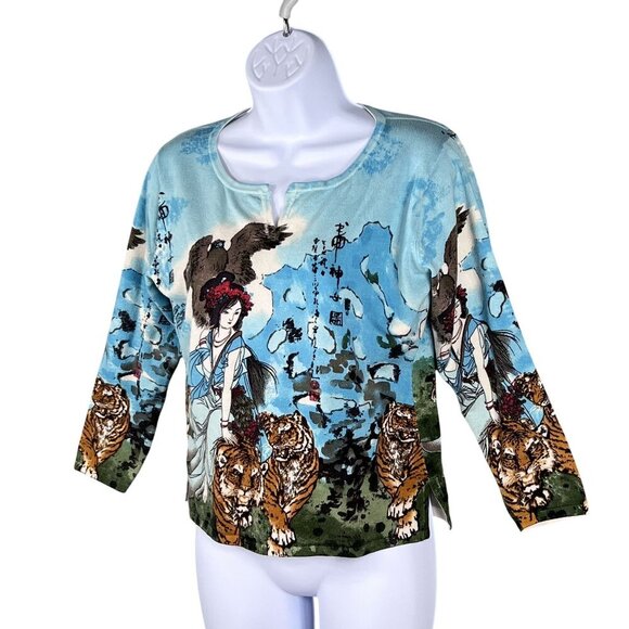 Mark Richards Collection Womens L Silk Blend Asian Tiger Allover Print Top Artsy - Picture 4 of 13